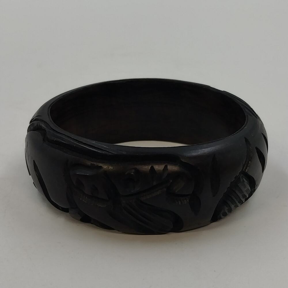 African Hand Carved Wood Wide Bangle Bracelet 2.5" Black Animal Design Tribal